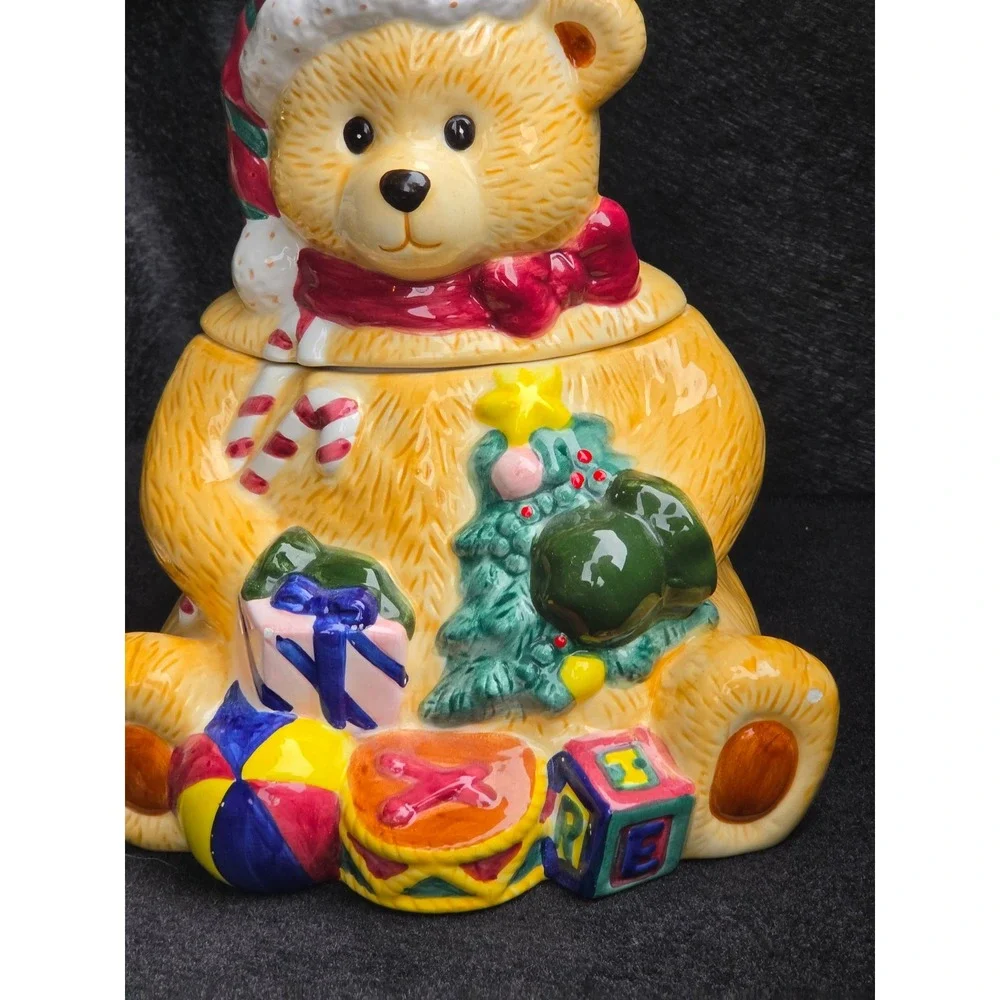 Vintage Christmas Teddy Bear Ceramic Cookie Jar Holiday Decor Santa Hat Toys